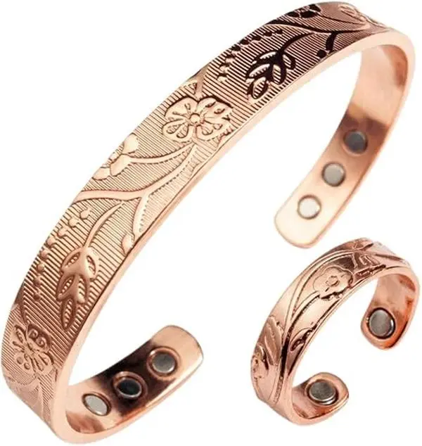 Women's Adjustable Pure Copper Magnetic Bracelet & Ring Set, Fashion Costume Jewelry Accessory