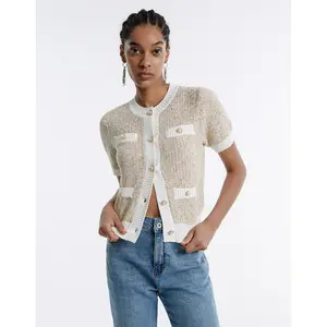 URBAN REVIVO Women's Premium Knitting Buttoned Cardigan Clothes - IU33S9DE2001, Round Neck, Short Sleeve, Contrast Trim, Fitted Medium Length, Metallic Accents, Soft Tailoring, Multi-Color Casual Summer Style