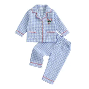 KId Toddler Baby Boy Girl Christmas Pajamas Plaid Print Lapel Long Sleeve Button Down Tops + Elastic Pants 2Pcs Sleepwear Toddler Baby Christmas Outfit