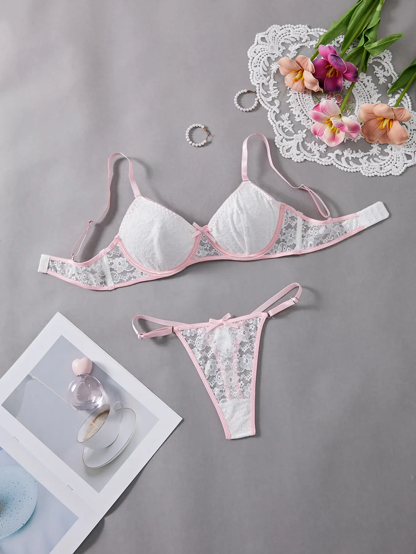 Women's 2-Piece Elegant Bridal Floral Lace & Satin Underwear Set - Blush Pink, Low Waist, 3/4 Coverage, Adjustable Straps, Lightweight Polyester, Minimalist, for Wedding, Valentine's Day, Thanksgiving, Chinese New Year, Easter, All Seasons