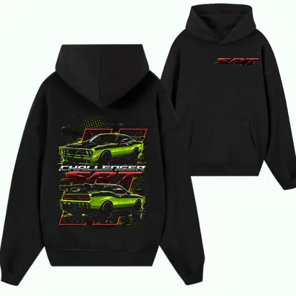 Challenger SRT Hoodie – Black Graphic Sweatshirt with Neon Green Muscle Car Print, Bold Design for SRT & Mopar Fans