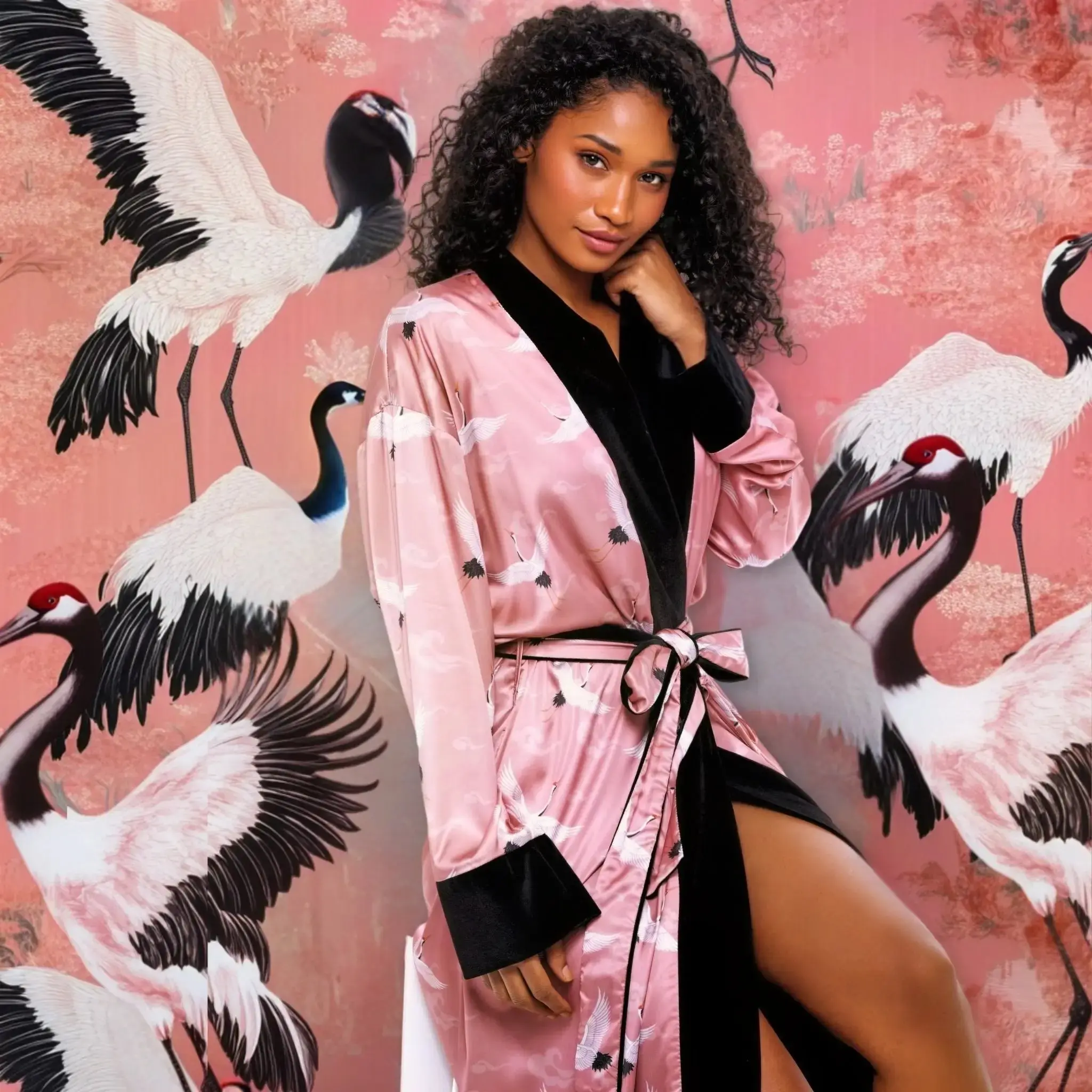 Candy Crane Pink Satin Long Kimono Robe – Silky Dream Loungewear with Pockets, Faux Velvet Trim, Belted Wrap Fit, and Chic Elegance refined Nightwear Comfort Womenswear