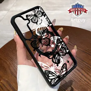 Magnetic Phone Case for Samsung Galaxy S24 Plus S25 Ultra S23 FE Ultra S22+ Black Butterfly Pattern TPU Shockproof Anti-Scratch Stylish Smartphone Cover