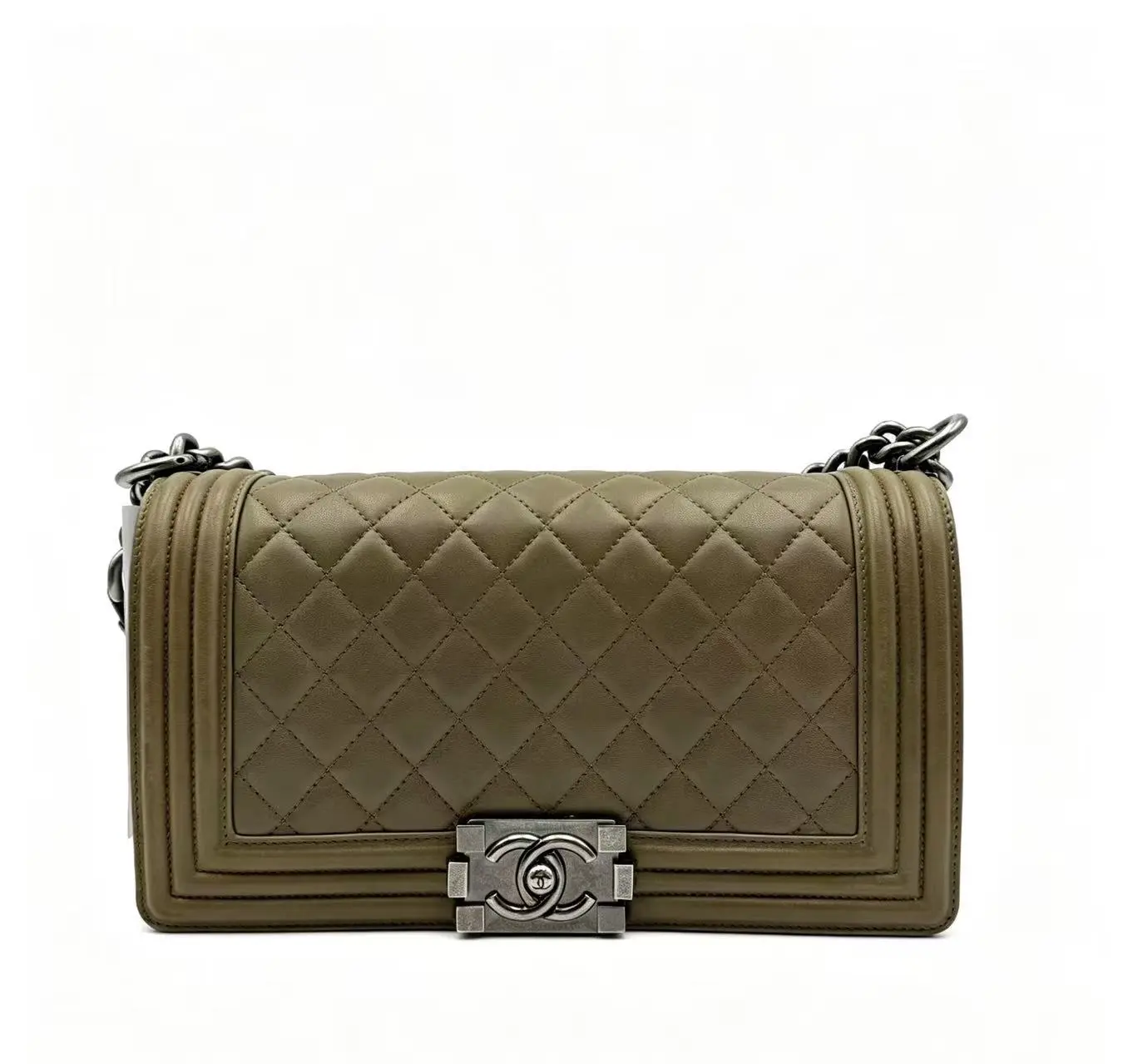 Pre-owned CHANEL H5 Leboy Series Medium Olive Green Sheepskin Leather Bag with Chain, Style h18082, Fashionable Casual Bag