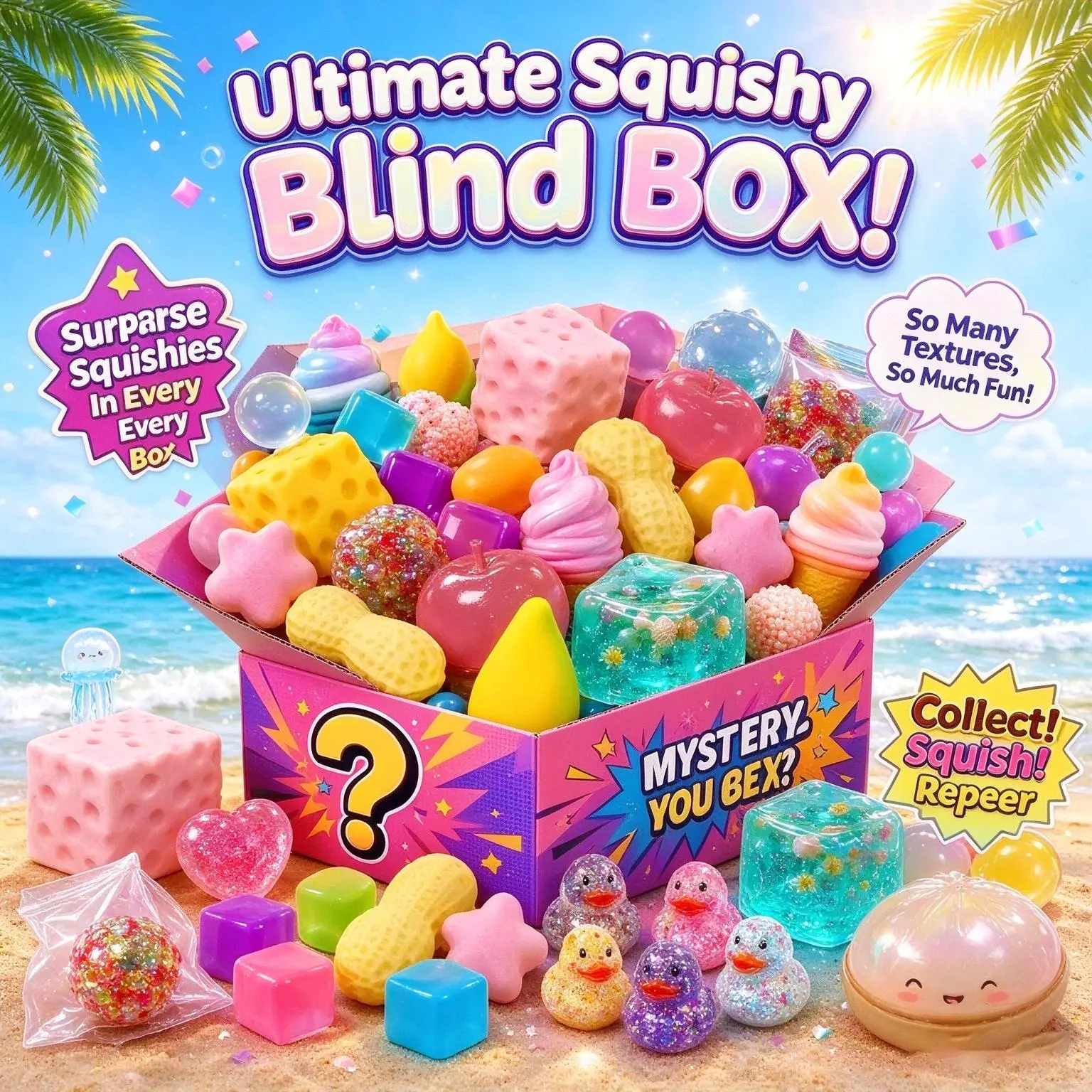 Over 100 surprise box toys—fun, stressrelieving blind boxes featuring a variety of soft, cute squishy figures. They are entertaining and great for stress relief, and can even be used as DIY bag charms.