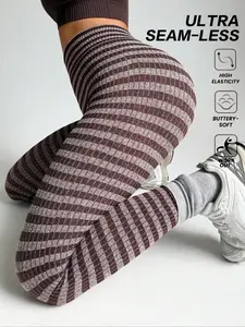 Women's Sporty Tight Yoga Pants, Striped Seamless Knit High Waisted Athletic Fitness Leggings, Sexy Peach Butt Workout Tights, Sports Stretchy Leggings, Gym Leggings, Fitness Training Leggings, 1 Piece, Fitness Activewear