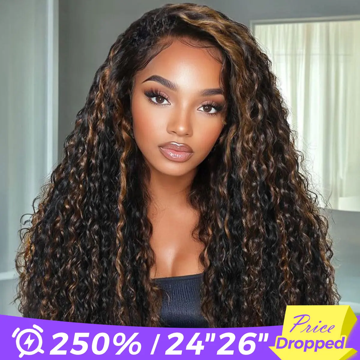 [Wear Go Half Wig] OQ HAIR 1B/30 Black With Golden Brown Highlight Color Water Wave 3 In 1 Half Wig Invisible Hairline With Drawstring Seamless Flip Over Glueless Wig Human Hair