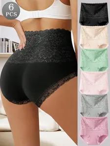 6PCS women’s high-waisted lace-trim brief panties set, soft stretchy breathable full-coverage underwear, comfortable floral lace lingerie for daily wear, work, travel, sleep, and lounging