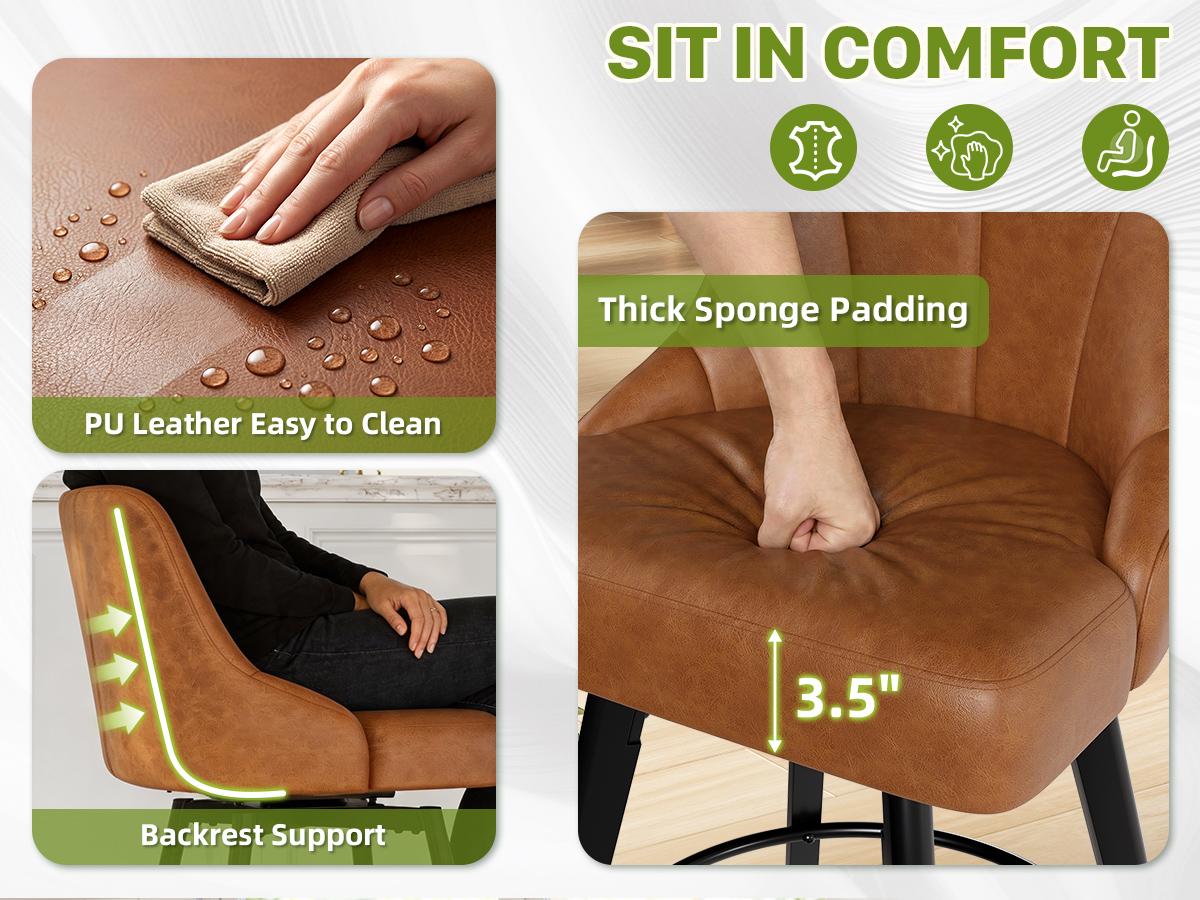 25" Swivel Bar Stools Set of 3 PU Leather Counter Height Bar Stools with Back, Fabric Swivel Counter Stool with Wooden Legs & Metal Footrest, Upholstered Bar Chairs for Kitchen Island, Bar, 350Lbs