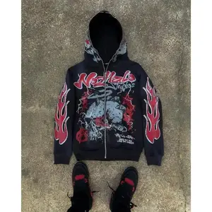 Y2K Retro Harajuku Street Hip Hop Print Hoodie, Loose Casual Zipper Cardigan, Unisex Hoodie Long Sleeve Sweatshirts Menswear Tops