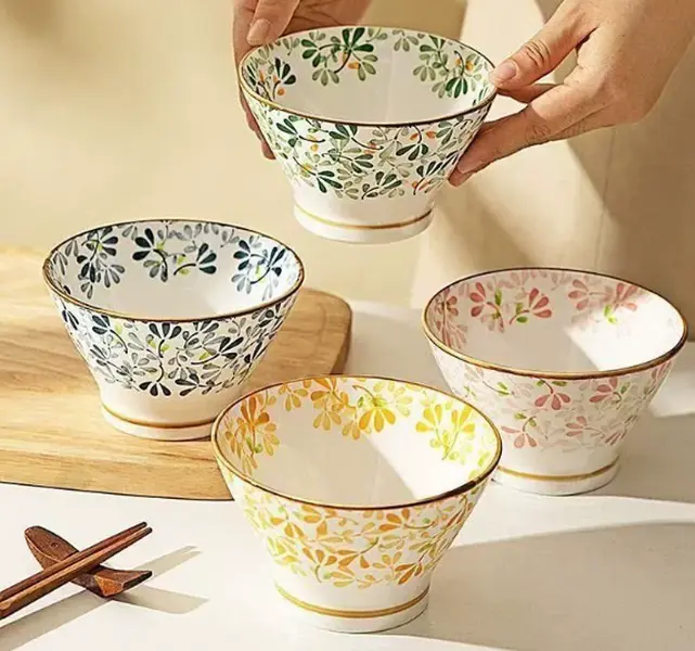 Japanese Ceramic Rice Bowls Set of 4 – Hand-Painted Floral Patterns in Seasonal Colors, Microwave & Dishwasher Safe