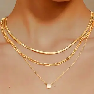 Dainty Layered CZ Pendant Necklace with Simple Herringbone Snake Choker and Cuban Link Paperclip Chain for Women