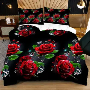 Flower pattern 2/3 piece set, digital printing design, zipper closure printed bed sheet and pillowcase set, elegant home decoration accessories, perfect for comfortable nights, ideal gift for loved ones