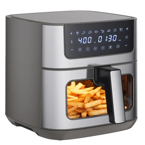 Sweetcrispy Stainless Steel Air Fryer for Busy Households, 6.34QT Capacity with Tempered Glass See-Through View Window, 8 Programmable Presets, 180-400°F Max Sear, 90-Min Timer, Nonstick PP Dishwasher-Safe Basket, Auto-Shutoff for Air Fry & Roast