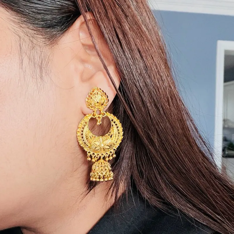 Women's Gold-Tone Geometric Ramlila Dangle & Large Ear Hoops Set - Metal-Coated Fashionable Jewelry Accessories for Special Occasions, Gold Jewelry, Gold Plated Statement, Hoops Shape Earrings