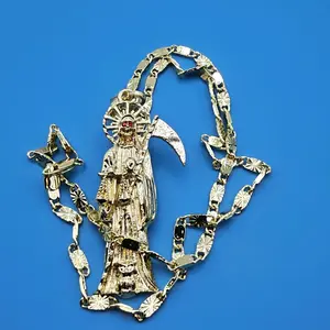 Two Inches long Gold Color Tone Holy Death Pendant with 17.3 Inches Diamond Cut Style Chain Copper Gold Plated 18.4 Grams