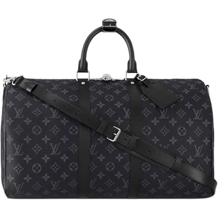 Men's Louis Vuitton Keepall 45 Travel Bag - Classic Monogram Coated Canvas with Leather Trim, Adjustable Detachable Strap, Polyester Lining, Black & Gray