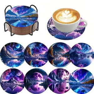 8-Piece Diamond Painting Set with Stand, Creative Landscape Coaster Set, Sparkling Diamond Art Wooden Mosaic Craft Kit, Diamond Painting Kits