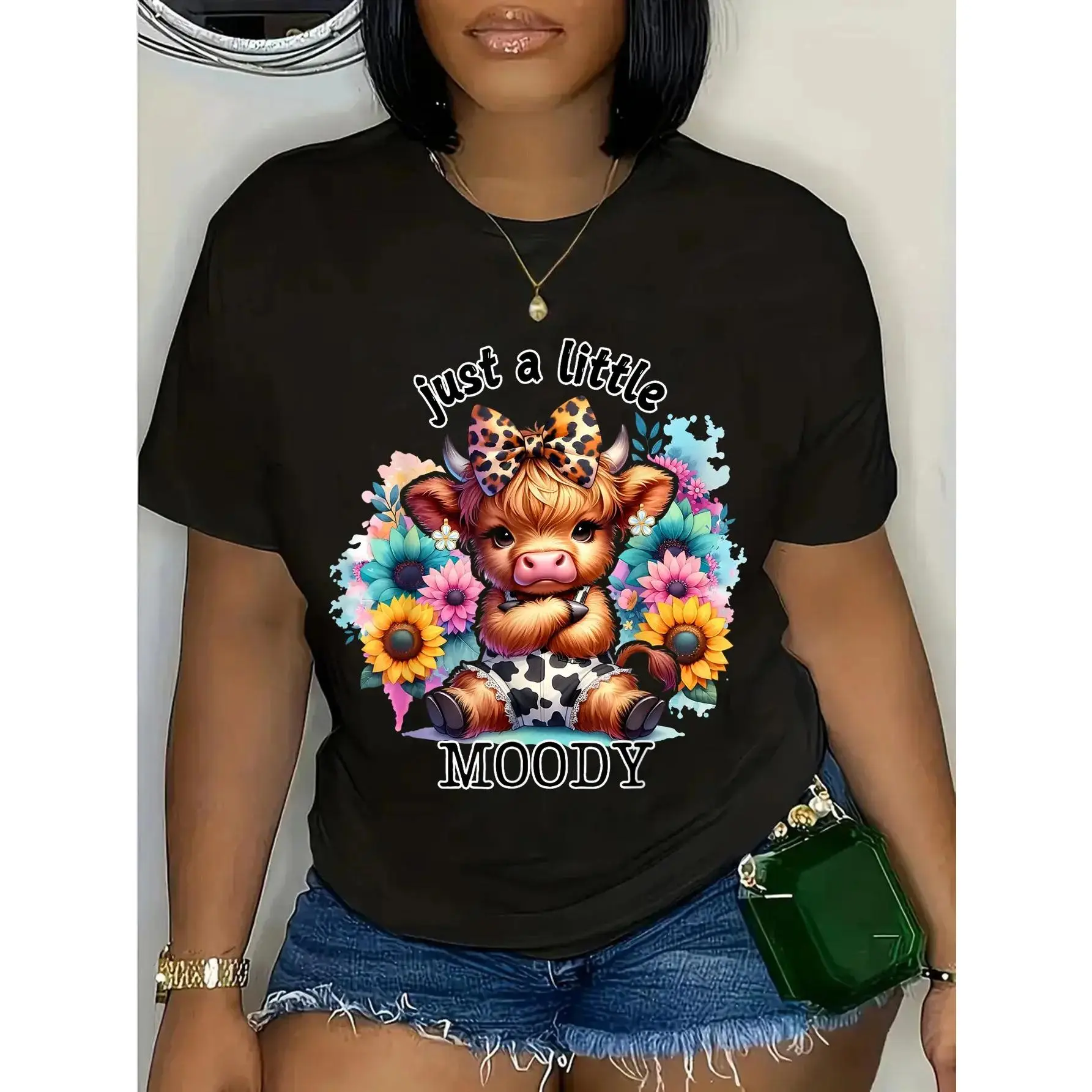 S-5XL 100% Cotton Cute Highland Cow Sunflowers T-Shirt| Just A Little Moody Funny Attitude Casual Tee retro western style