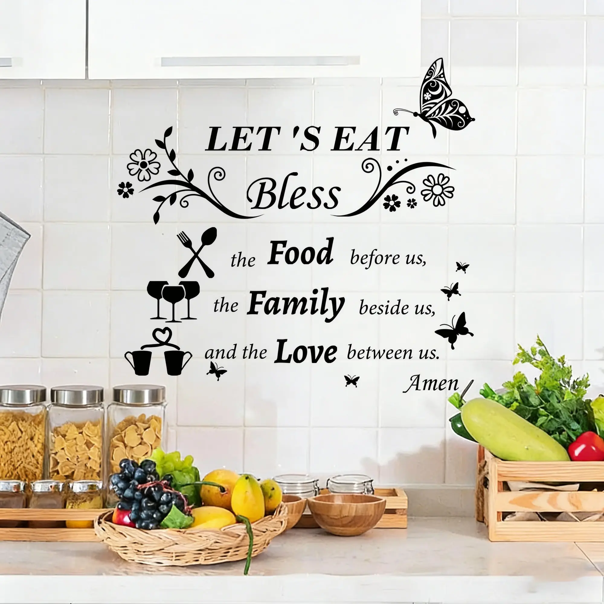 Kitchen Wall Stickers, Wall Art Stickers, Vinyl Prayer Quotes for Dining Room, Let Us Eat Blessing Food Sign, Home Restaurant Decor, Decoration