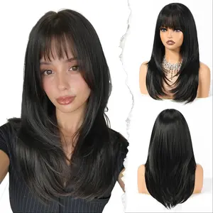 AISI HAIR Wigs for Women Long Straight layered Wig with Bangs Heat Resistant Fiber Synthetic Wigs Daily Natural looking