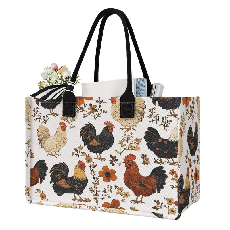 Large Capacity Rooster Print Storage Bag, Durable Handle, Space Saving Multi-Purpose, Reusable Bag, Reusable Bags With Handles, Ideal for School, Travel, Shopping, Reusable Grocery Bags