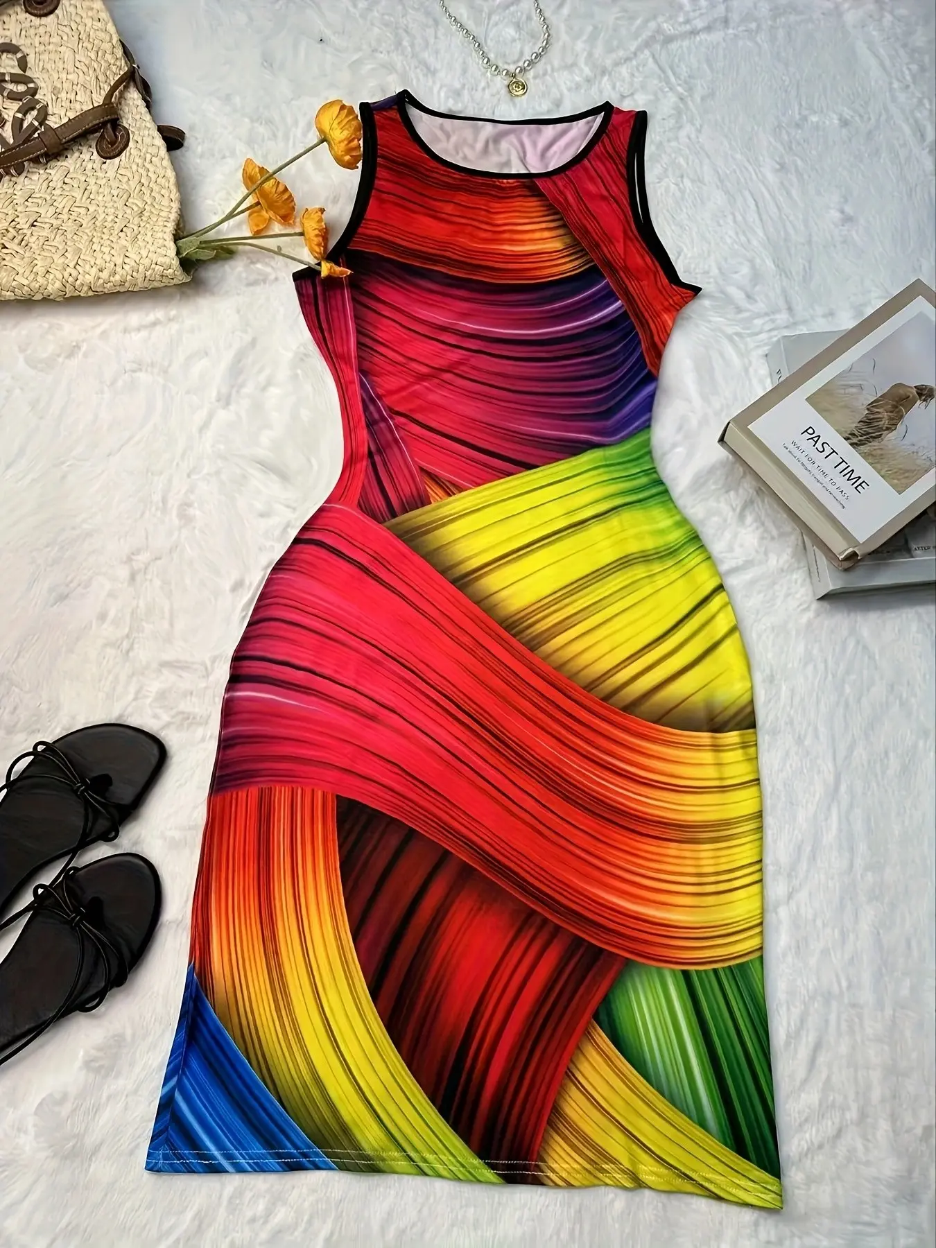 Casual Sleeveless Printed Dress, Slim Fit Mid-Length Tee, Round Neck Design, Perfect for Daily Wear & Casual
