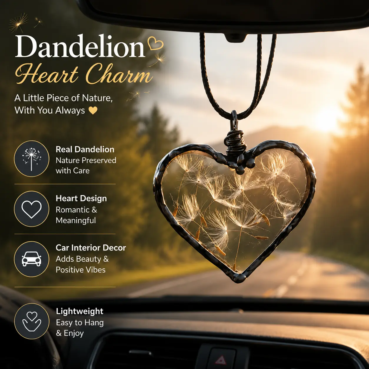 Dandelion Heart Car Charm, Real Dandelion Rearview Mirror Hanging Accessory, Romantic Car Interior Decor, Meaningful Gift for Her
