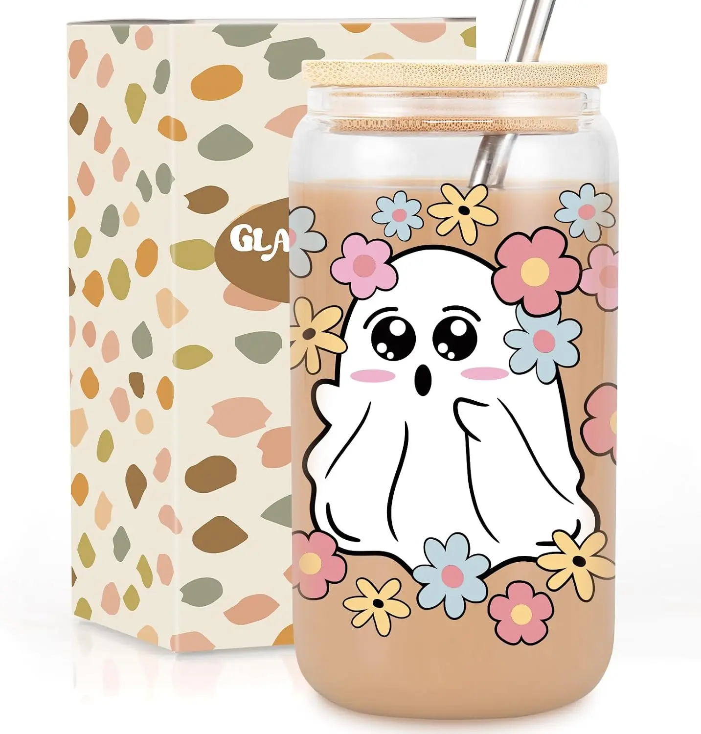 Halloween Fall Gift 16oz Ghost Glass Cup with Lid & Straw, Cute Halloween Coffee Cup, Boo Basket Stuffers for Women & Girls, Spooky Ghost Drinkware Gift for Her, Teens & Adults