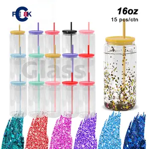15Pack 16oz Double Layer Glass Snowball Cup with Colorful Lids Spill-Proof for Coffee Cocktail Holiday Gifts Birthday Gifts