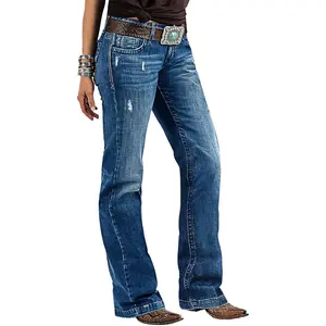 Retro Mid Rise Bootcut Flare Jeans Distressed Stitch Stretch Denim Pants Without Belt