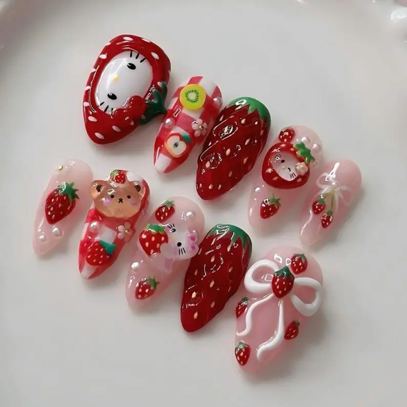 Kawaii Press On Nails 3D Strawberry Theme with Bows Bears Cute Charms Handmade Reusable False Nails for Women Girls Y2K Sweet Nail Art