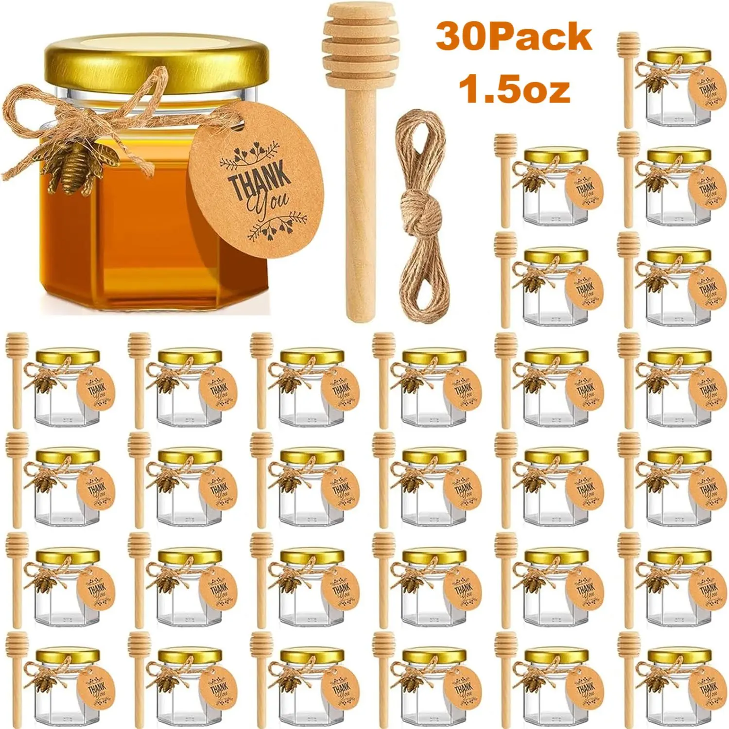 30 Pack Traditional Rectangle Mini Glass Honey Pot Jars with Dippers - Eco-Friendly Decorative Storage Bottles, Gold Metal Lids, Bee Pendants, Gold Fabric Ribbons, Wooden Accent Compatible, Dishwasher Safe Wedding Gift Containers