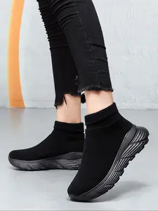 Women's Solid Color Slip on Mid Top Sock Sneakers, Casual Comfortable Walking Running Shoes, Female All-match Round Toe Shoes for Daily Wear
