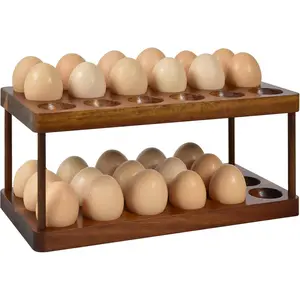 36 Capacity Double Layer Acacia Wooden Egg Holder - 2 Tier Countertop Fresh Egg Storage Tray Organizer Basket for Farmhouse Kitchen