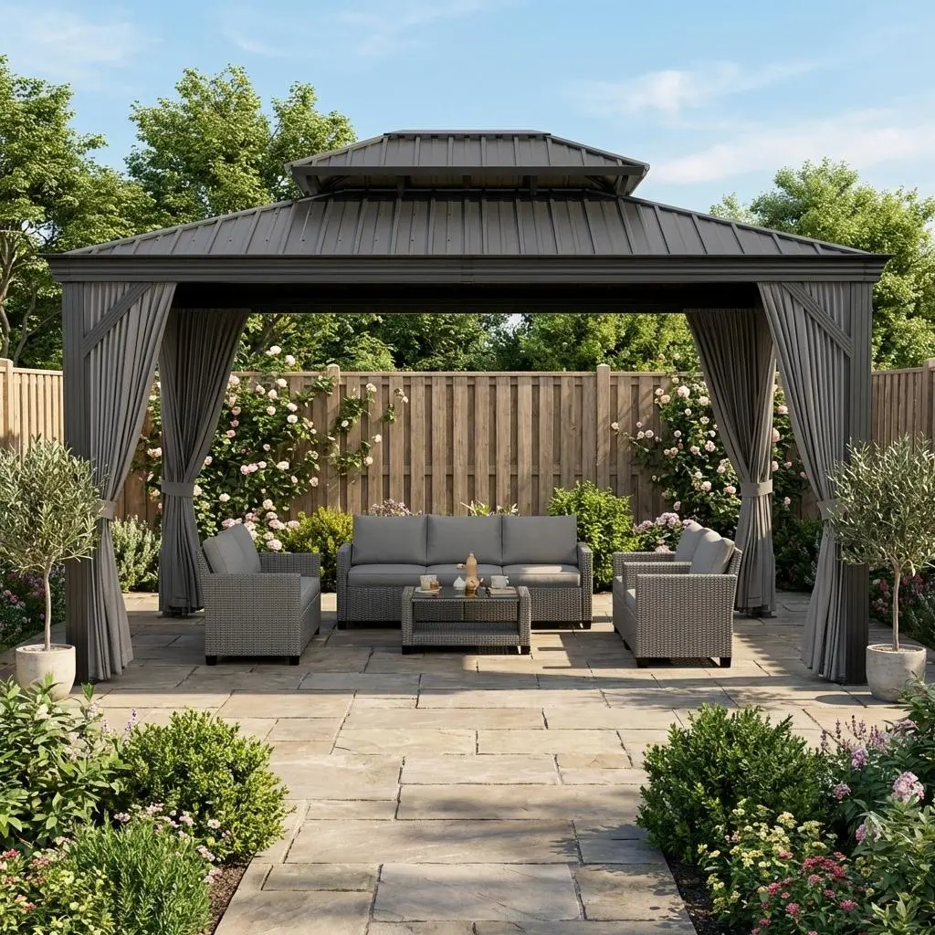 Sturdy Neutral Multi-Size Heavy Duty Aluminum Hardtop Gazebo with Double Metal Roof, Netting, Curtains, Hooks - Weatherproof Outdoor Pavilion for Patio, Backyard - Gray - 12x14/12x18/12x20FT