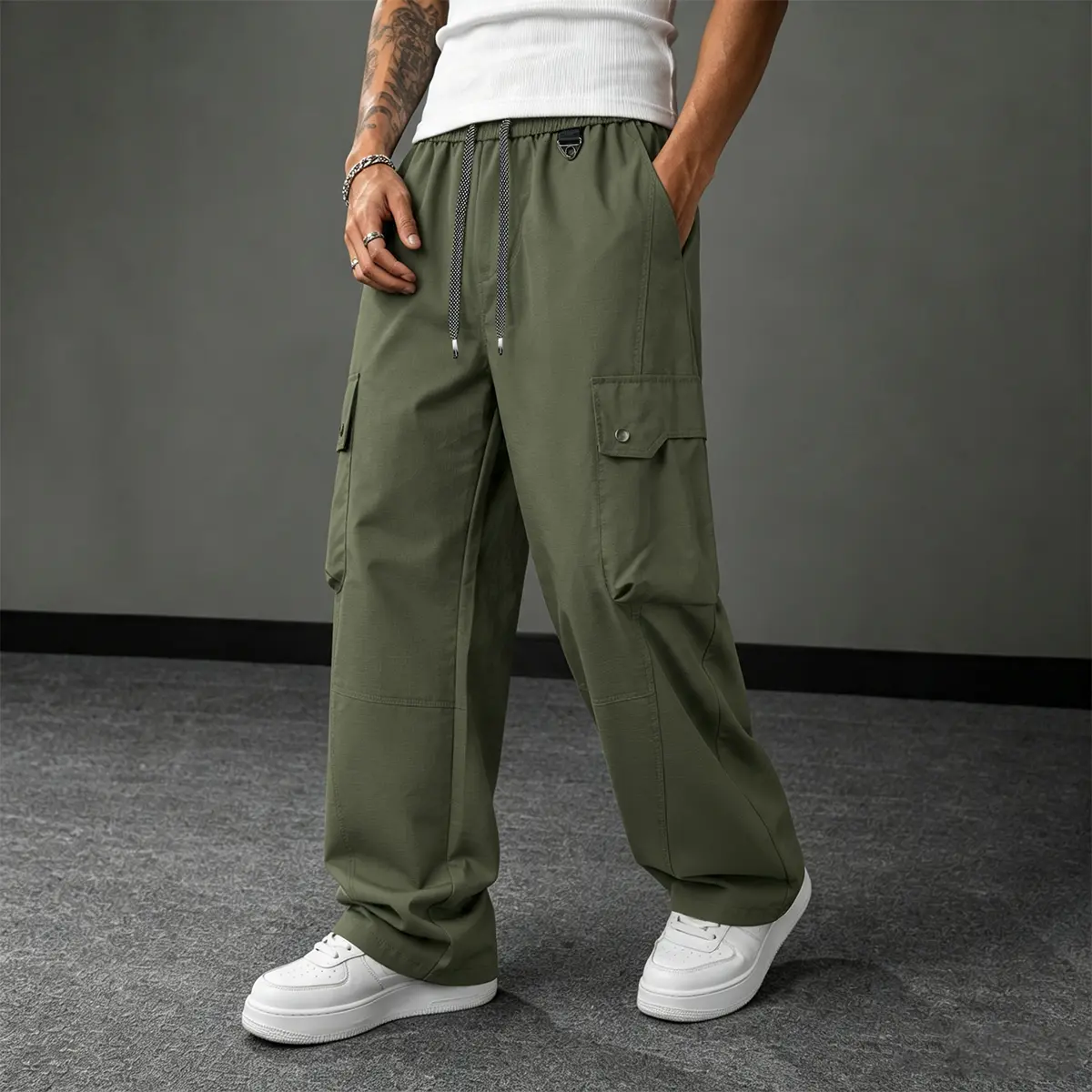 Men’s loose-fit cargo pants, wide-leg utility trousers, streetwear casual pants, drawstring workwear-style pants