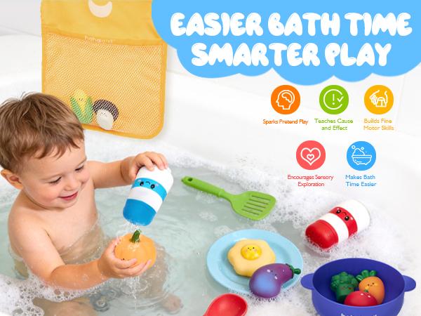 hahaland Color Changing Vegetable Soup Bath Toy Set for Toddlers 12m+, 15-Piece Set with Veggies, Pot, Spoon, Mesh Bag, No-Hole Mold-Free Smooth Plastic Easy-Grip All-Seasons Playset, Gift, Holiday, Color Change in 95°F+ (35°C+) Water