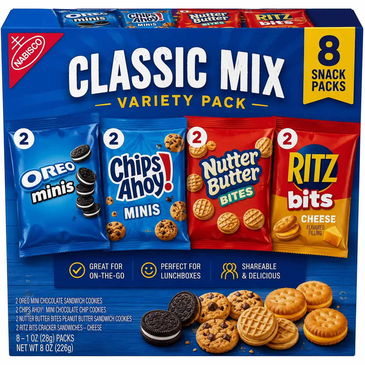 Classic Snack Variety Pack – Chocolate Sandwich Cookies, Mini Chocolate Chip Cookies, Peanut Butter Sandwich Cookies & Cheese Cracker Sandwiches, 8 Individual Snack Packs, Assorted On-the-Go Snacks