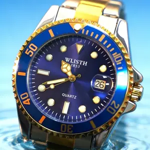 Men's Pro  Diver Quartz Watch with Stainless Steel Strap - Blue Dial & Gold Accents - Durable & Stylish Timepiece