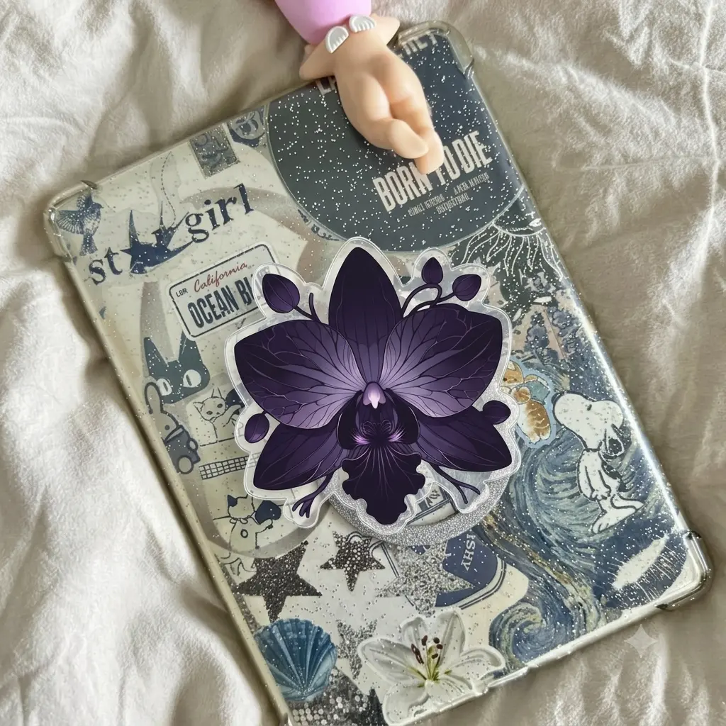 Dark Orchid Phone Grip Gothic Flower Phone Stand Acrylic Moody Floral Phone Holder Dark Academia Phone Accessory Gothcore Finger Grip Topper Elegant Botanical Charm Luxury Gift for Her