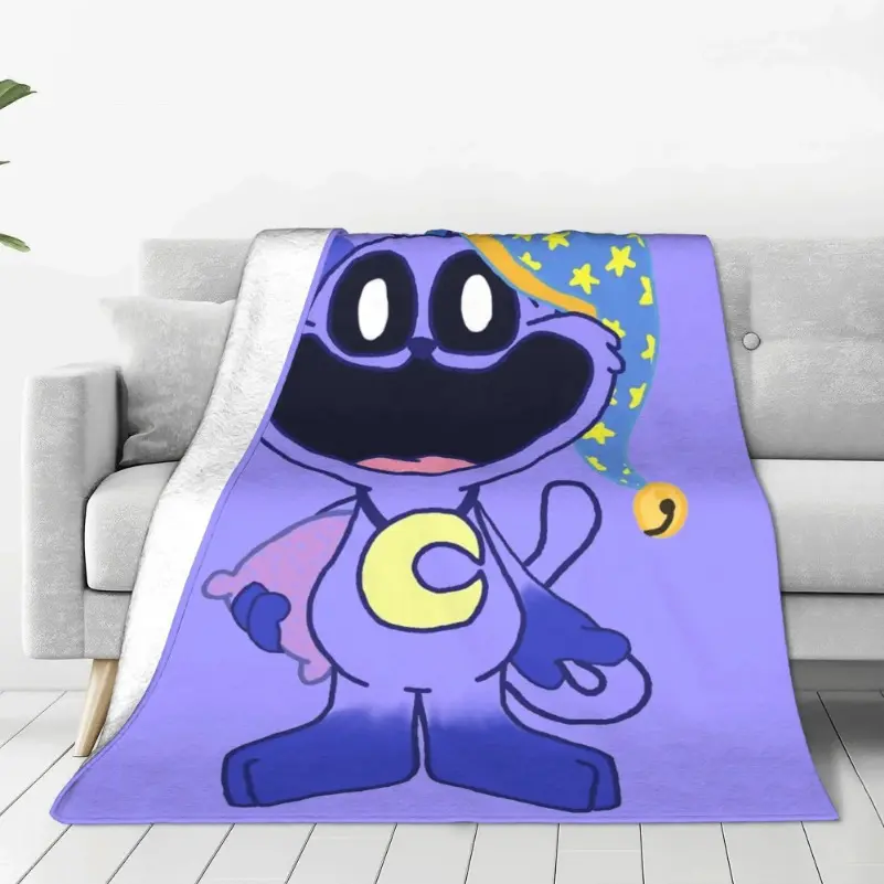 Smiling Catnap Flannel Throw Blanket, Multi-Size Ultra-Soft Flannel with Plush Texture, Wrinkle Resistant Warm Cozy Funny Cartoon Blanket for Couch Sofa, Christmas Gift for Kids