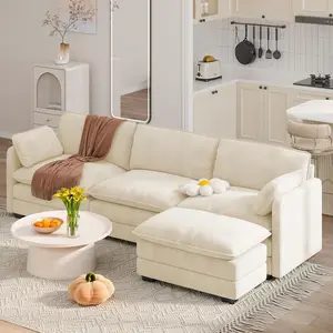 【2 Packages Shipping】Gizoon 110.2" L Shaped Modern Sofa Modular Sectional Cloud Couch with Movable Ottoman, 3-Seater Comfy Corduroy Deep Seat Sofa with 2 Pillows for Living Room, Bedroom and Apartment, Beige
