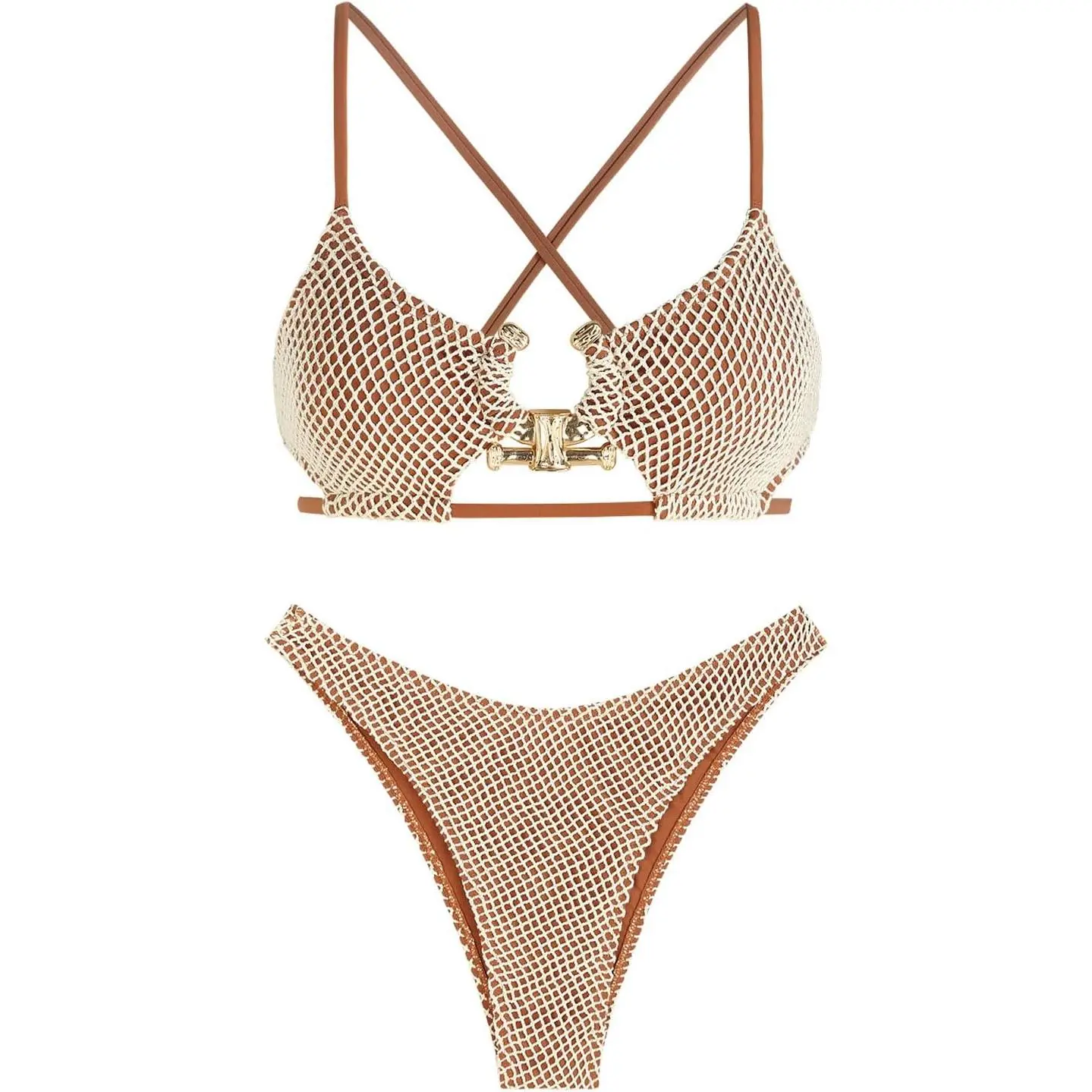 ZAFUL Women's Cutout Bikini Criss Cross Textured Metal High Leg Bikini Sets Cheeky Bikini Two Piece Swimsuit