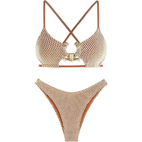 ZAFUL Women's Stretch Polyester Blend 2-Piece Bikini Swimsuit - Cut-Out, Crisscross Textured, Metal Accents, High Leg, Cheeky Bottom, Back Detail, Flirty Fit Bathing Suit for Beach Parties, Resort Wear, Bikini Beach Wear, Resort Wear For Women