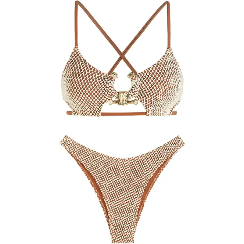 ZAFUL Women's Stretch Polyester Blend 2-Piece Bikini Swimsuit - Cut-Out, Crisscross Textured, Metal Accents, High Leg, Cheeky Bottom, Back Detail, Flirty Fit Bathing Suit for Beach Parties, Resort Wear, Bikini Beach Wear, Resort Wear For Women