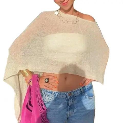 Meihuida Women's Airy Crochet Detail Swimsuit Coverup - Semi-sheer Elegance Boho Poncho Top, Dolman Sleeves, Casual Light Summer Layer, Pairs with Bikinis for Beachwear