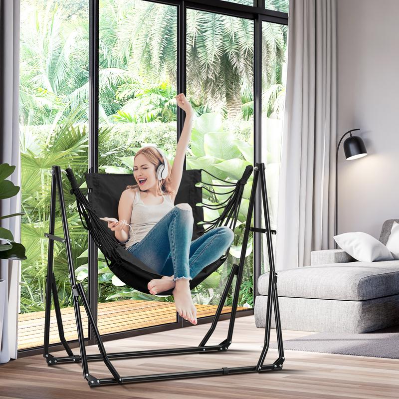【Autumn Sale】GDY Hammock Life Double Fabric Hammock Chair with Stand Black Max 450 lbs Capacity for Hammock Camping Outdoor Lounge Modern Aesthetic Design Minimal Portable Compact Easy Setup Carabiners Included