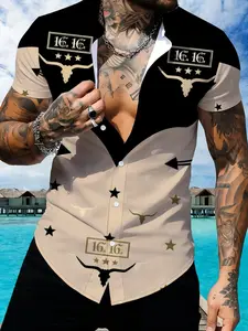 Men's Retro Denim Style Short Sleeve Shirt, Star Printed Fashion Slim Fit Casual Summer Top