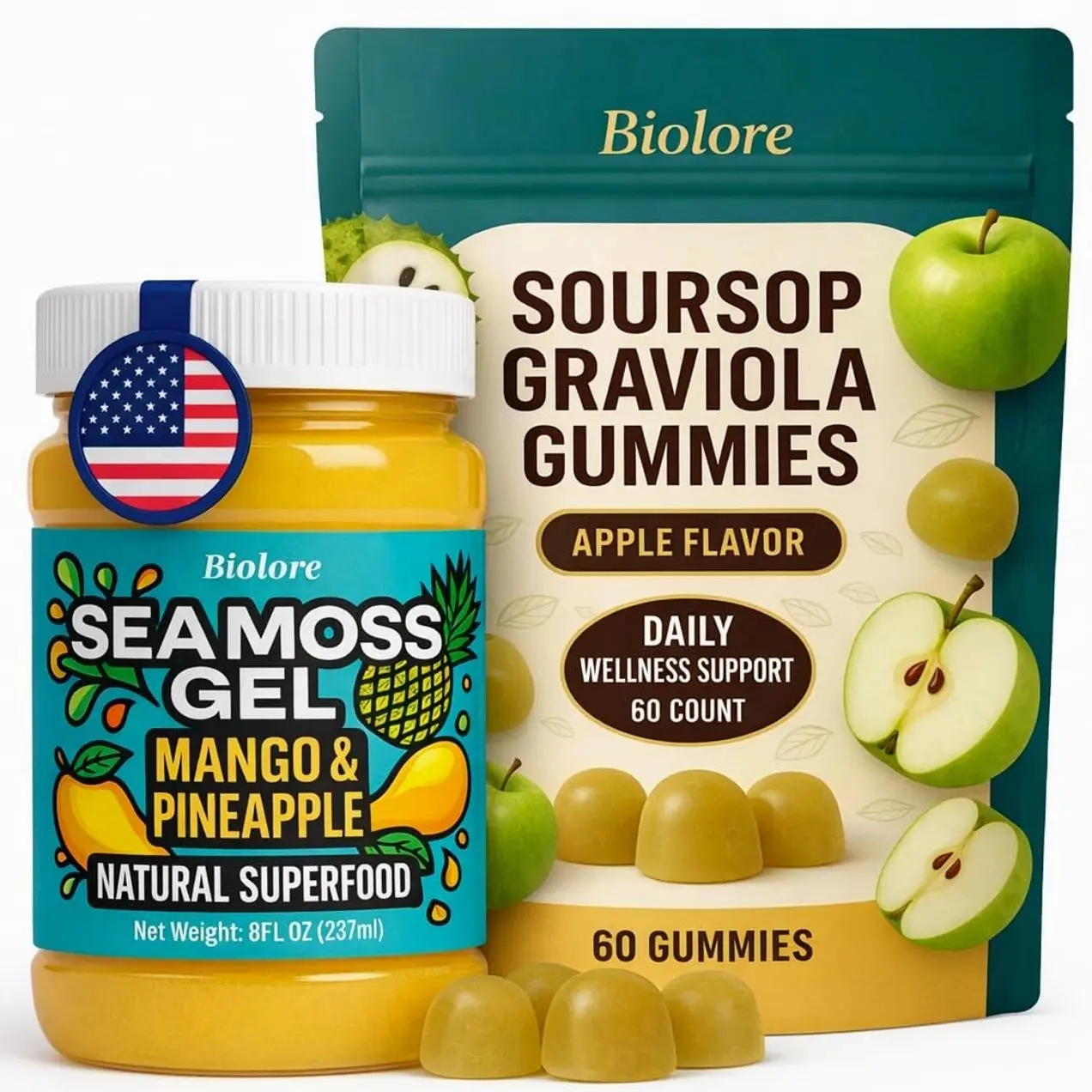 Biolore Sea Moss Gel + Soursop Gummies Bundle Set, 8 oz Gel & 60 Gummies, Mango-Pineapple and Soursop, No Added Sugar, Made in USA